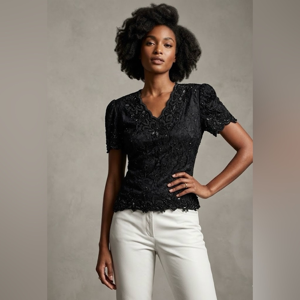 Laurence Kazar Black Embroidered Scallop-Edge Short Sleeve Top